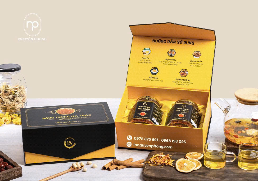 Mẫu in hộp cứng đựng đông trùng hạ thảo cao cấp